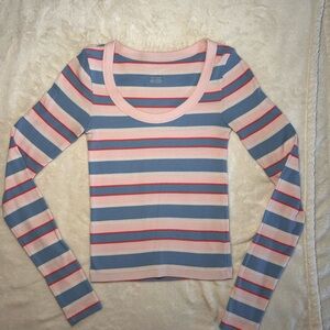 Pink and Blue Fitted Long Sleeve Crew Neck T-Shirt